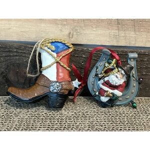 Western Cowboy Country‎ Christmas Ornaments Lot of 2 Boot Horseshoe Santa Cowboy